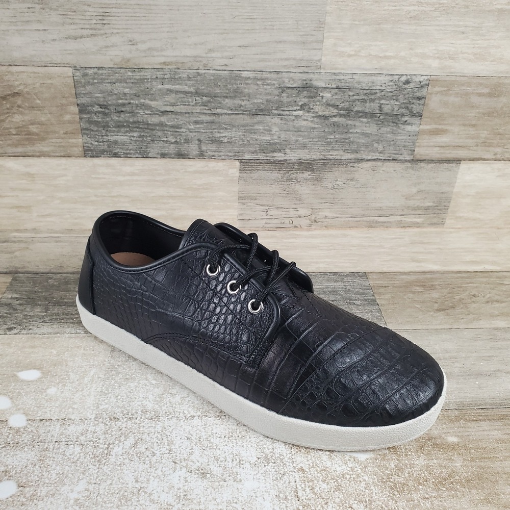 Toms Paseo Mens Casual Shoes Sz 10.5 Black Croc Embossed Leather Lace-Up Sneaker